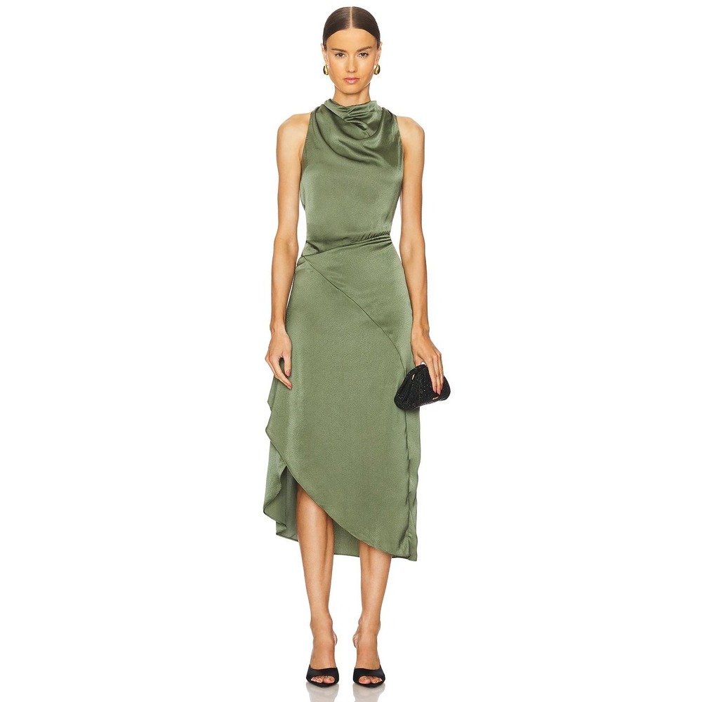 NWT Heartloom Midi Dress M Olive Green Satin Cowl Neck Asymmetrical Formal Party